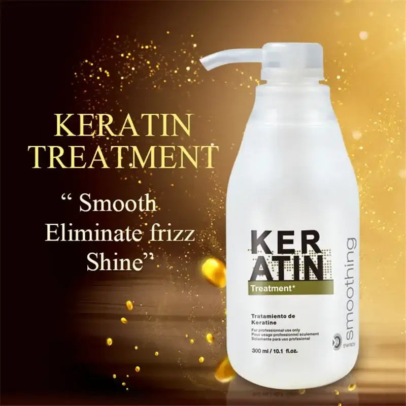 White bottle of keratin hair treatment with a pump dispenser.