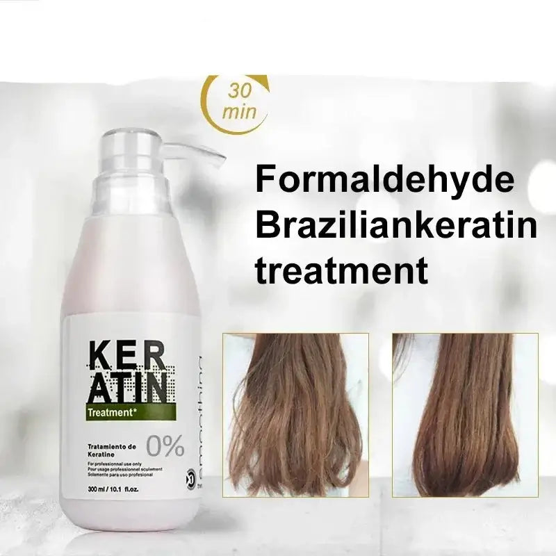 White plastic bottle labeled ’KERATIN Treatment’ with accompanying hair treatment information and before/after hair images.