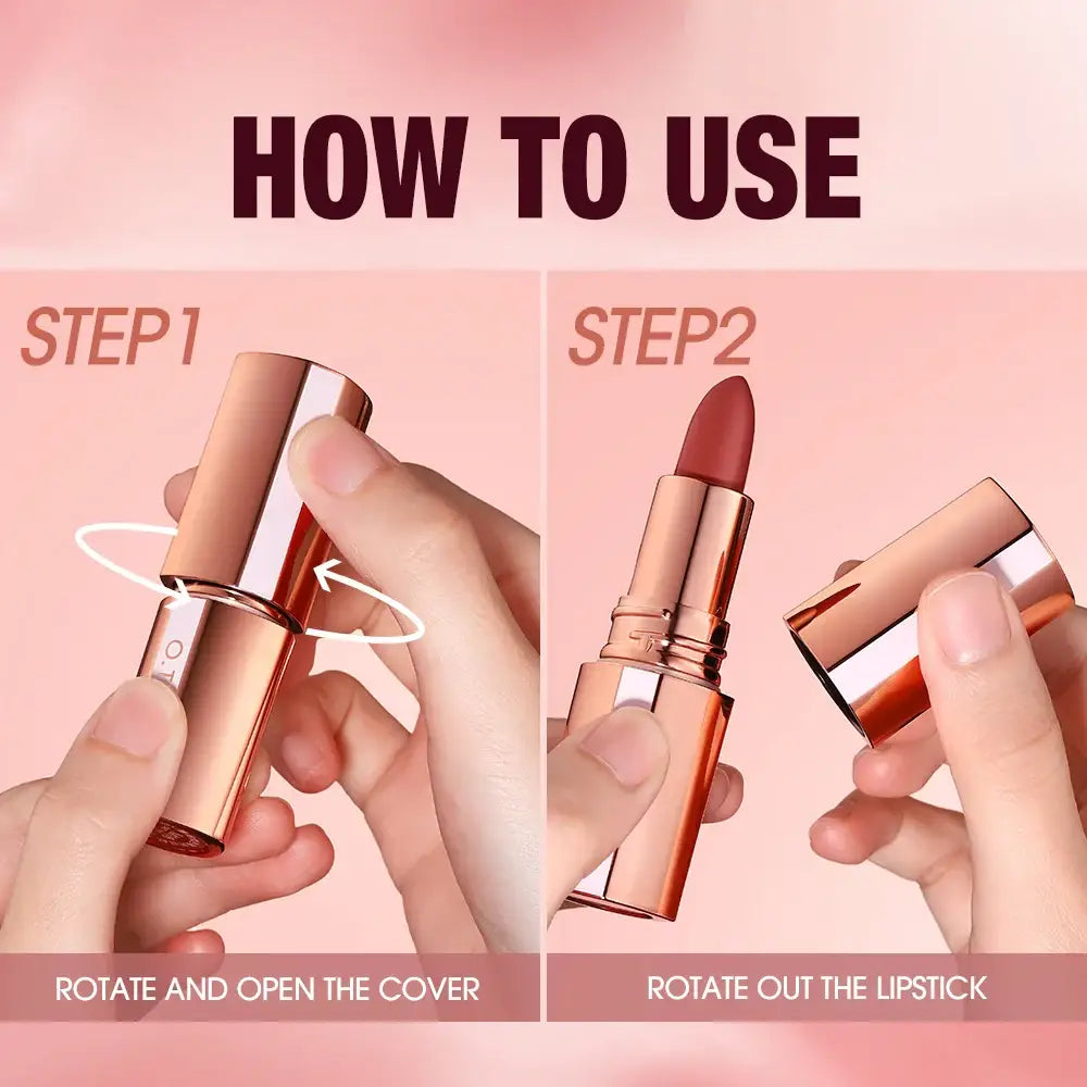 Lipstick in a rose gold metallic tube with instructions for opening and using it.