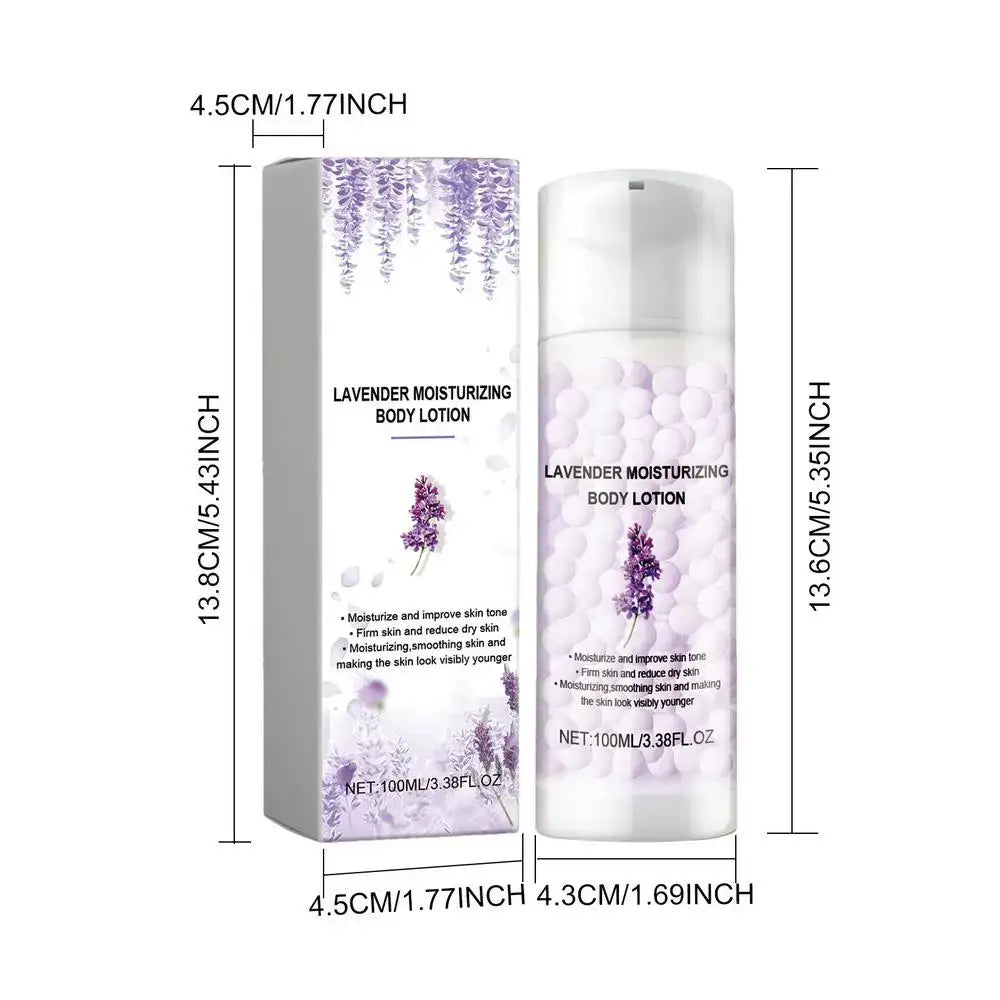 Lavender moisturizing body lotion bottle with its product packaging box.