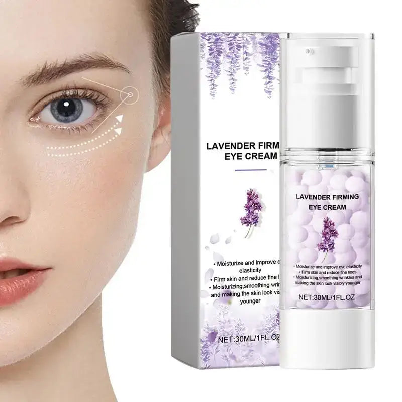 Lavender firming eye cream product with packaging and partial face showing application area.