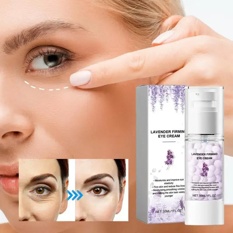 Lavender firming eye cream product with before-and-after skin comparison images.