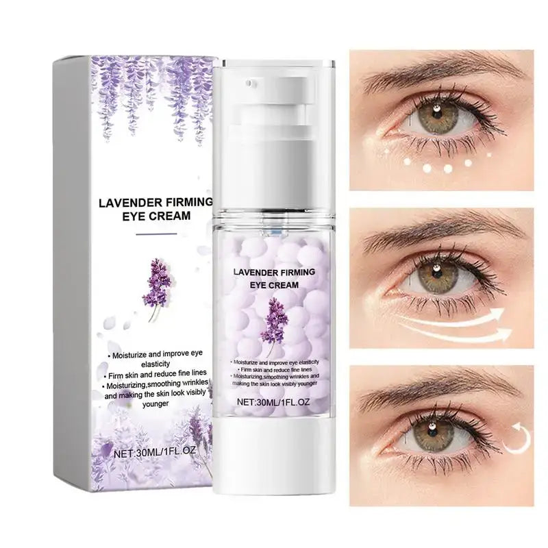 Lavender firming eye cream product with before-and-after eye close-ups.