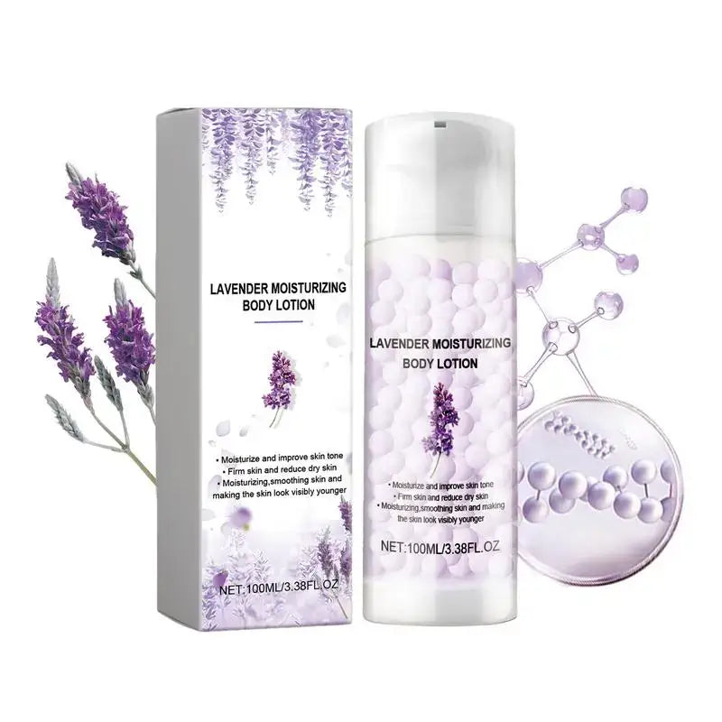 Lavender moisturizing body lotion with its product packaging.