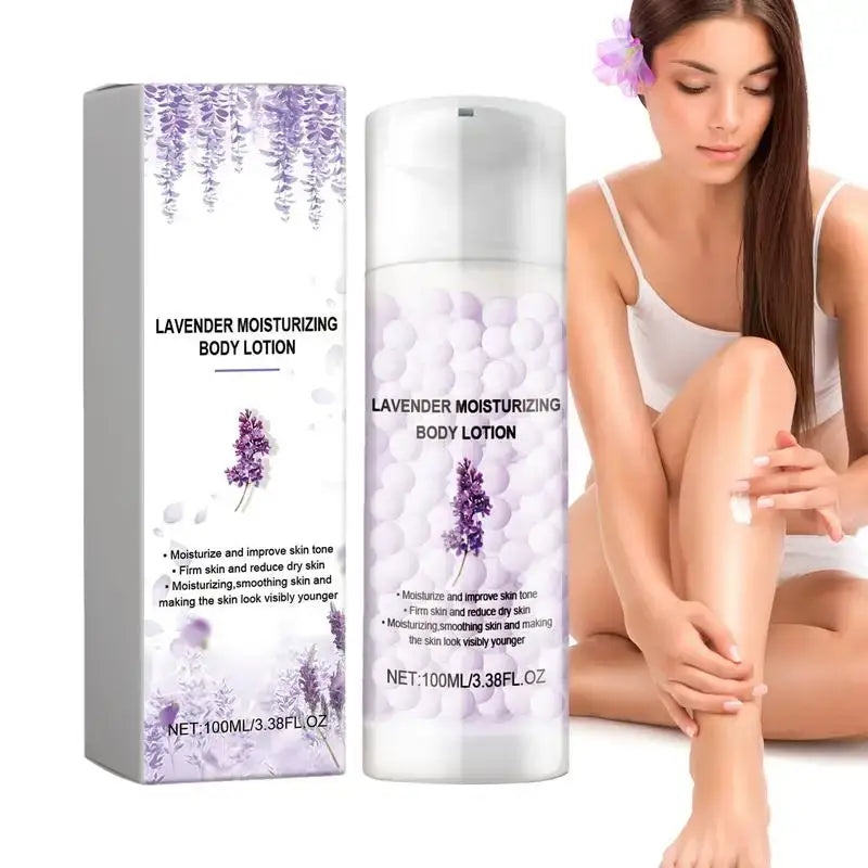 Lavender moisturizing body lotion in a white bottle with purple floral accents.