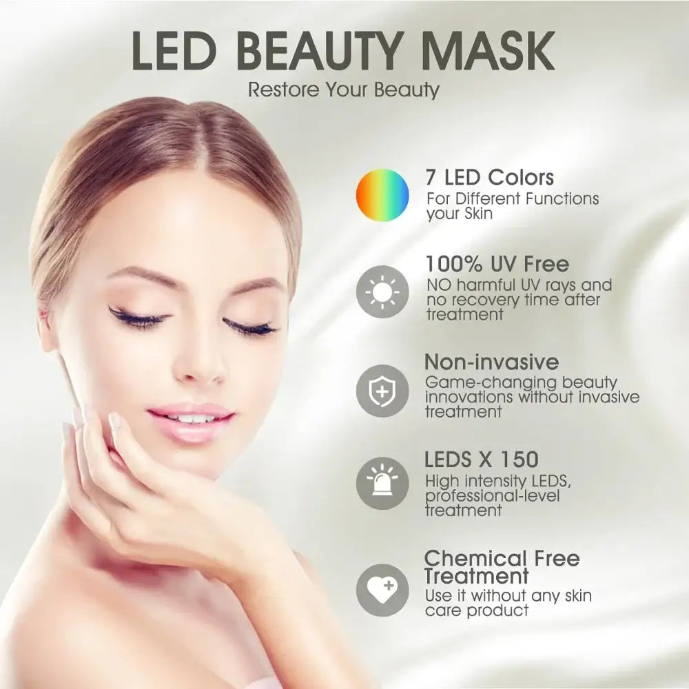 LED beauty mask for facial skin treatment featuring various colored light therapy options.