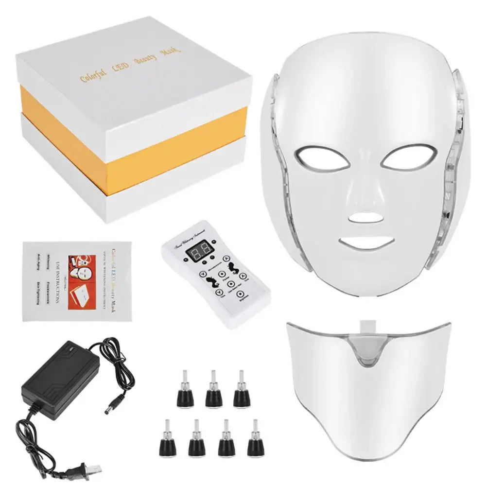 LED light therapy face mask with accompanying accessories and packaging.