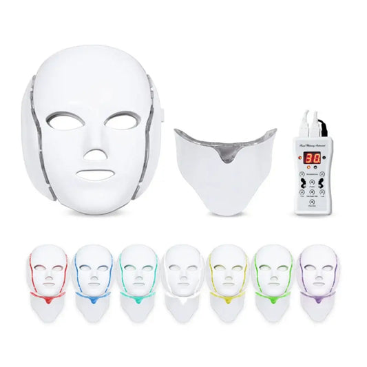 LED light therapy face mask with multiple color options and a handheld controller.