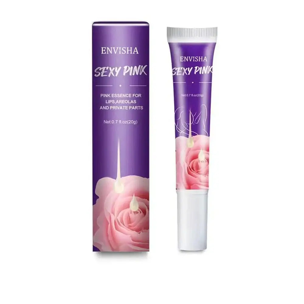 Cosmetic product called ’Envisha Sexy Pink’ featuring a purple tube and box with a pink rose design.