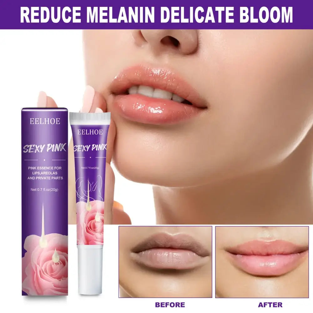 Lip gloss or lip treatment product in purple packaging with before and after images of lips.