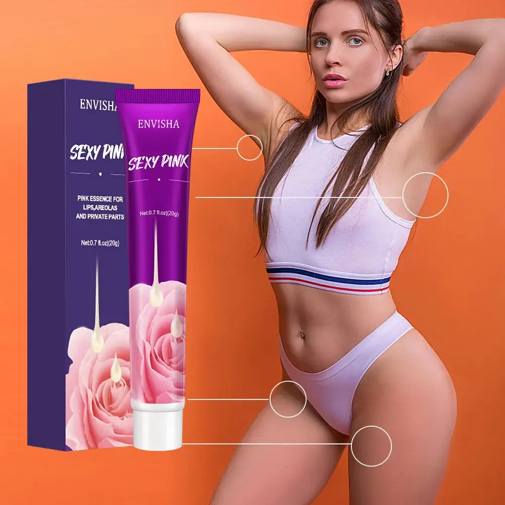 Tube of ’Sexy Pink’ intimate care product alongside a woman in white athletic underwear.