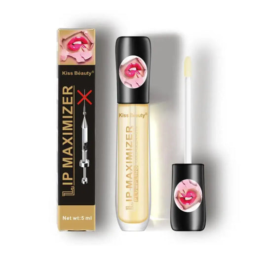 Lip plumping gloss product with pink flower logo on packaging.