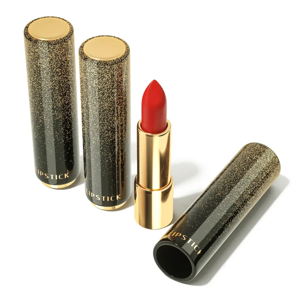 Bright red lipstick in a gold tube with sparkly black cases.