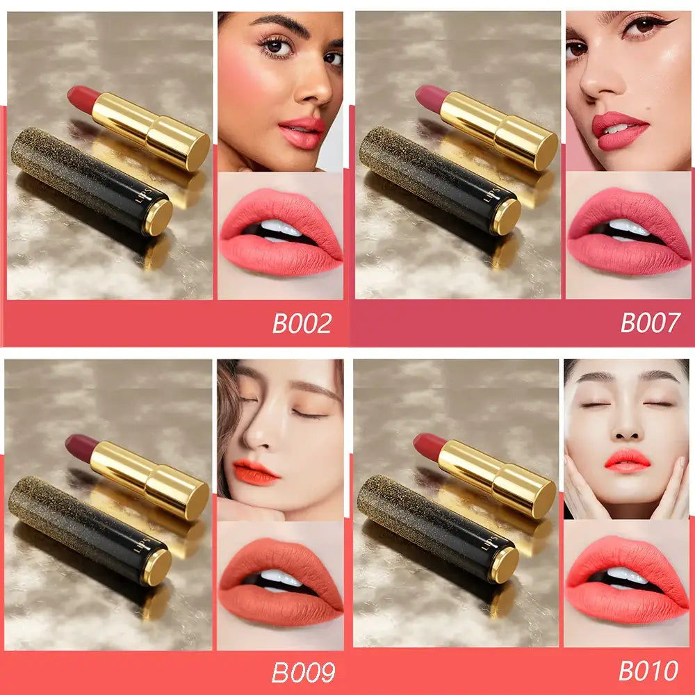 Collage of lipstick shades and close-up facial features showcasing different lip colors.