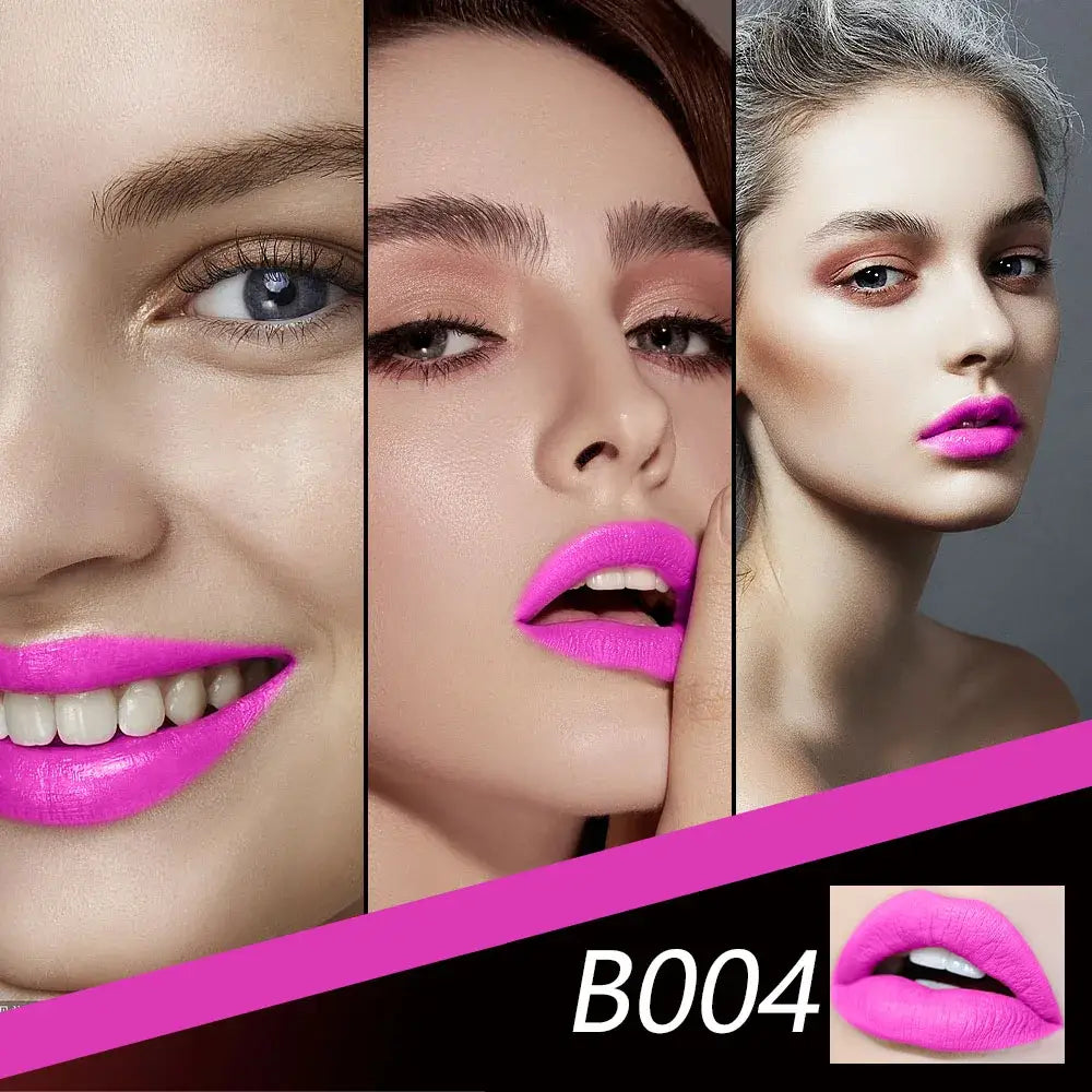 Collage of close-up facial features highlighting bright pink lipstick.