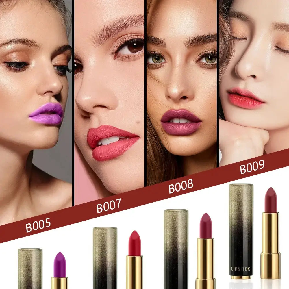 Collage of close-up facial features showcasing different lipstick shades and corresponding lipstick products.