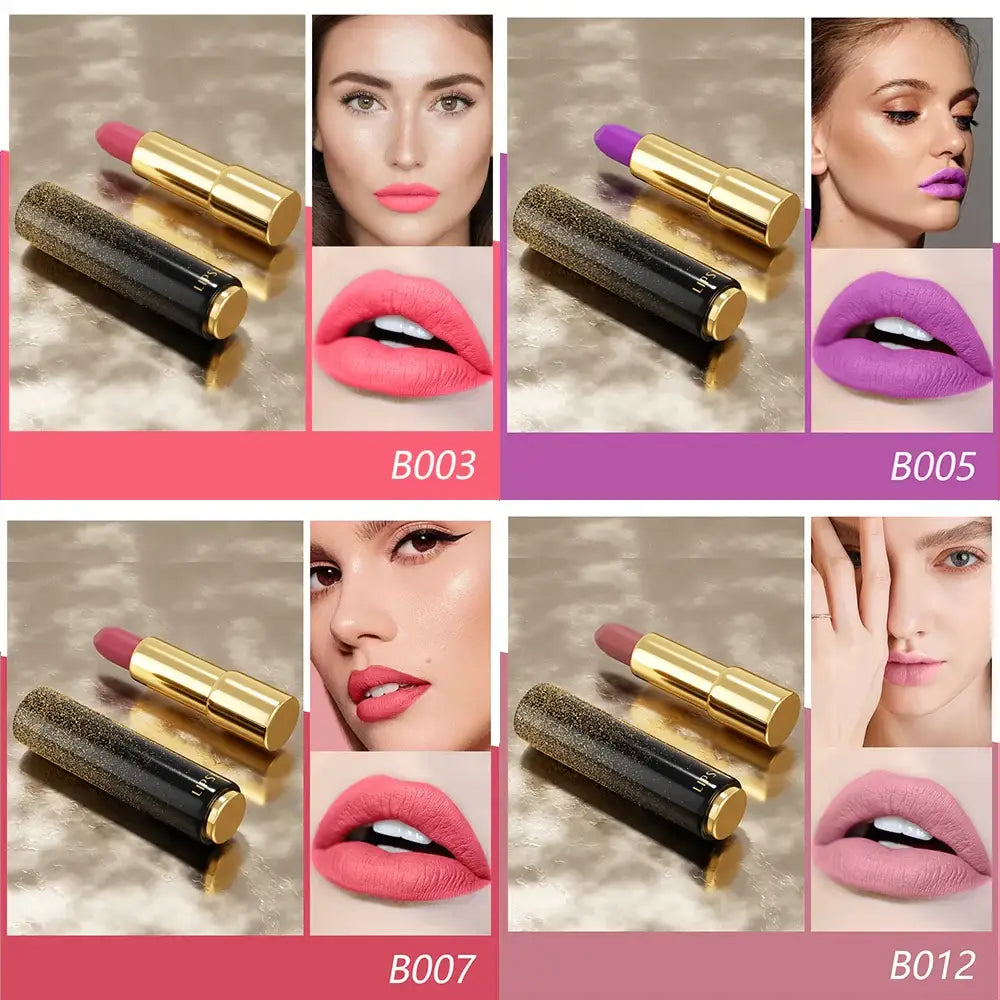 Collage of lipstick shades and makeup application close-ups.