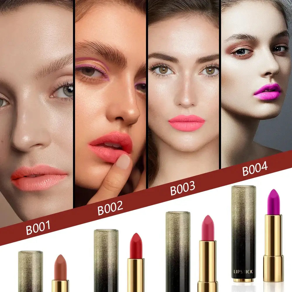 Collage of makeup looks showcasing different lipstick shades and their corresponding gold lipstick tubes.