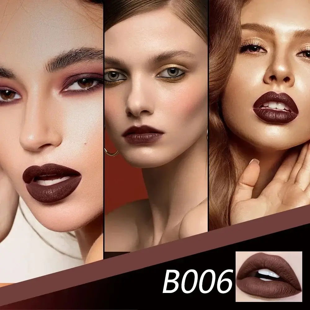 Collage of three close-up facial portraits showcasing dark lipstick shades.