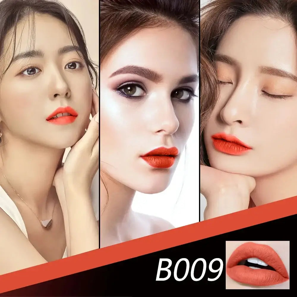 Collage of three close-up facial portraits showcasing bright orange lipstick.