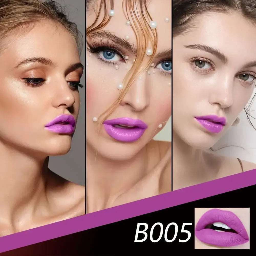 Collage of three close-up portraits featuring bright purple lipstick.