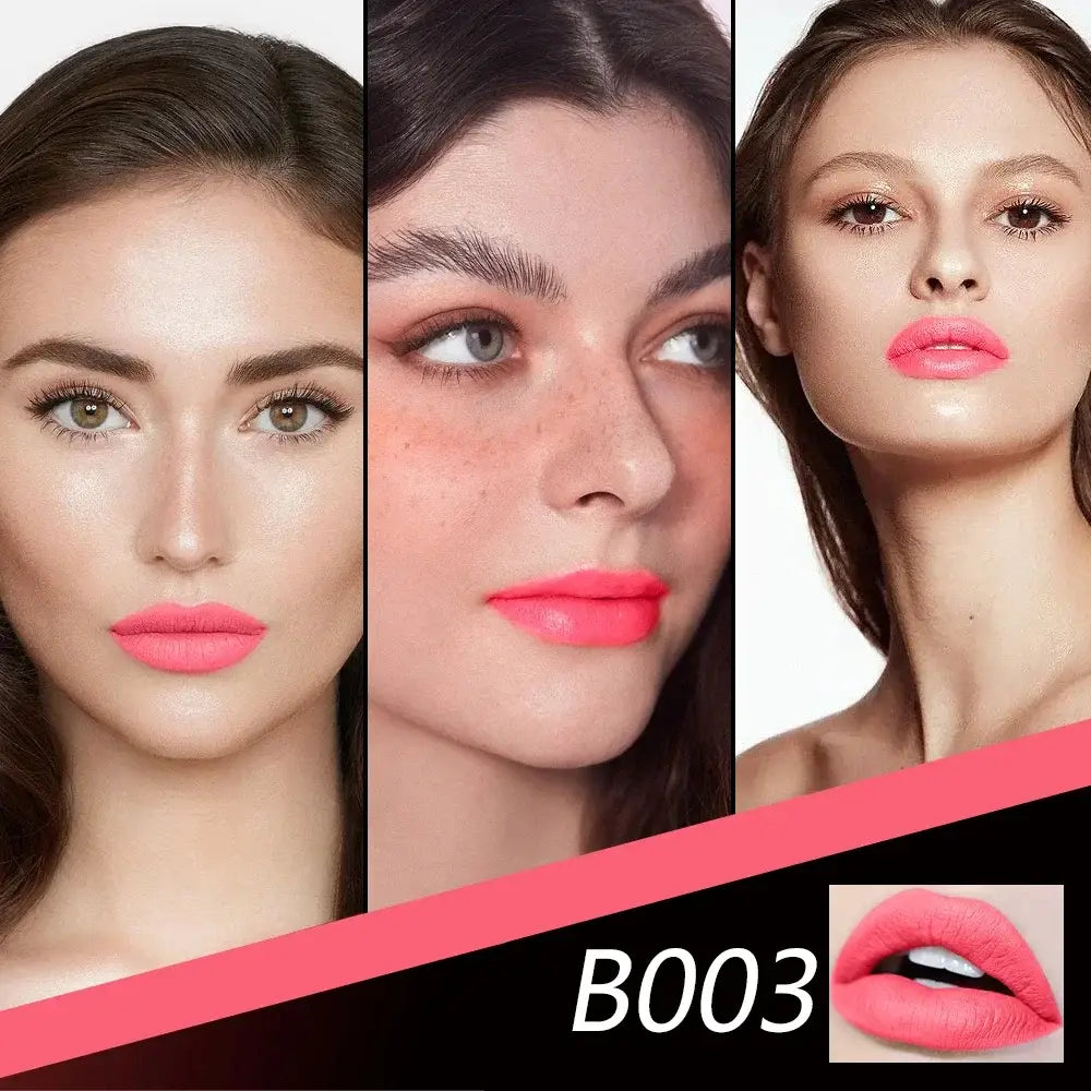 Collage of three women’s faces showcasing bright pink lipstick.