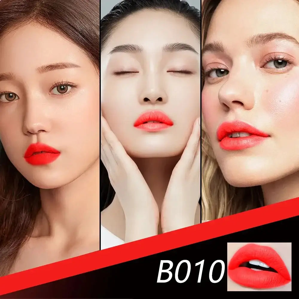 Collage of three women’s faces wearing bright red lipstick, with a product code ’B010’’ shown.