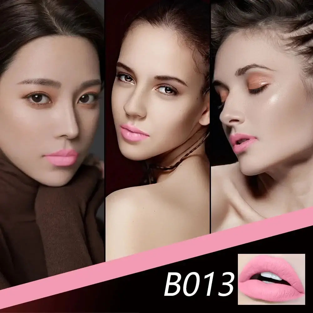 Collage of three women’s faces showcasing pink lipstick shade B013.