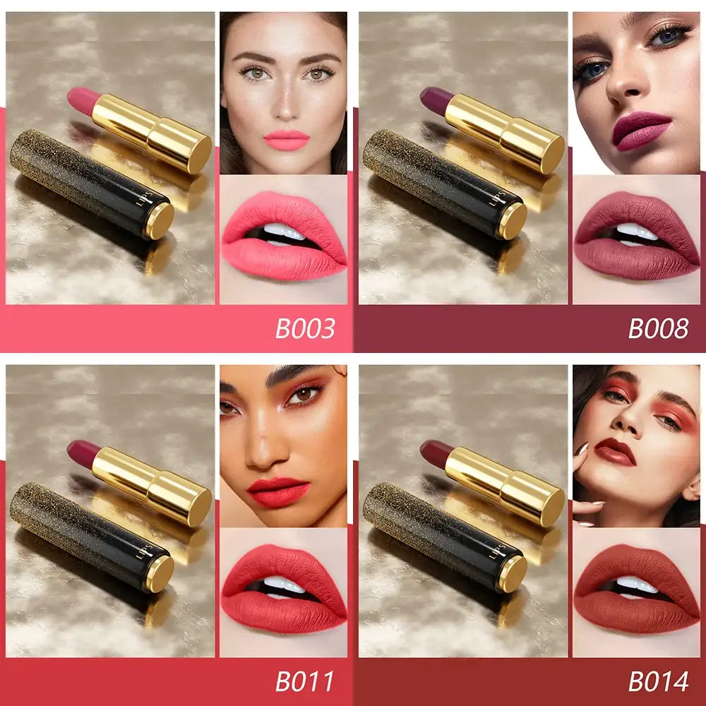 Lipsticks in gold tubes with corresponding lip color swatches and facial close-ups.