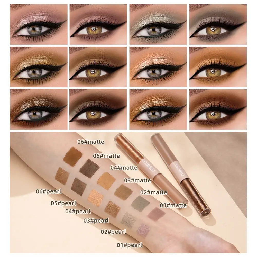 Collage of eye makeup looks and eyeshadow palette swatches.