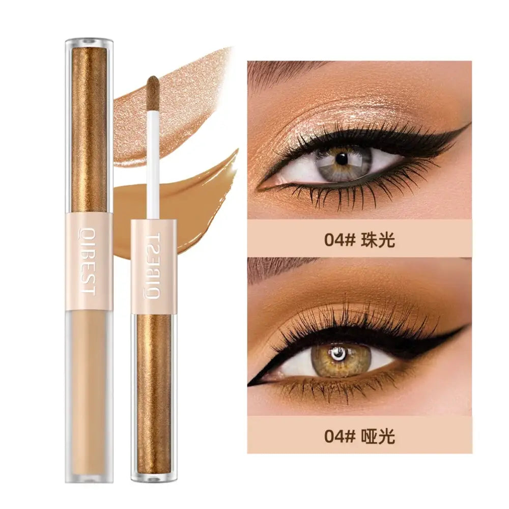 Liquid eyeshadow or eye glitter product in gold packaging with applicator wand.