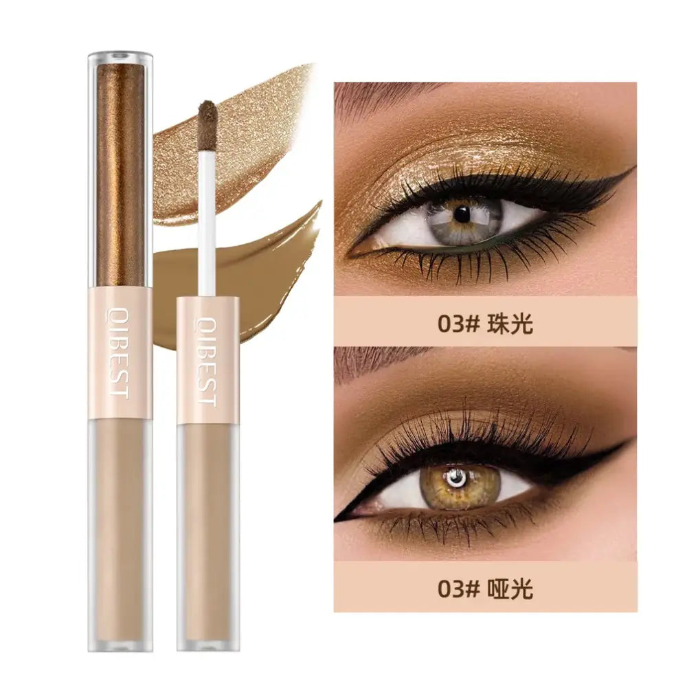 Liquid eyeshadow or eye glitter product in a tube applicator, shown alongside eye makeup application examples.