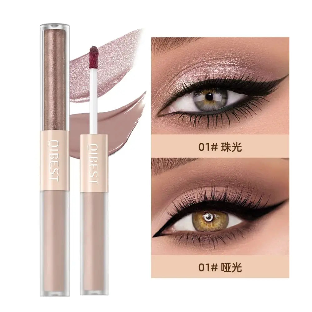 Liquid eyeshadow or eye glitter product in a metallic tube with applicator wand.