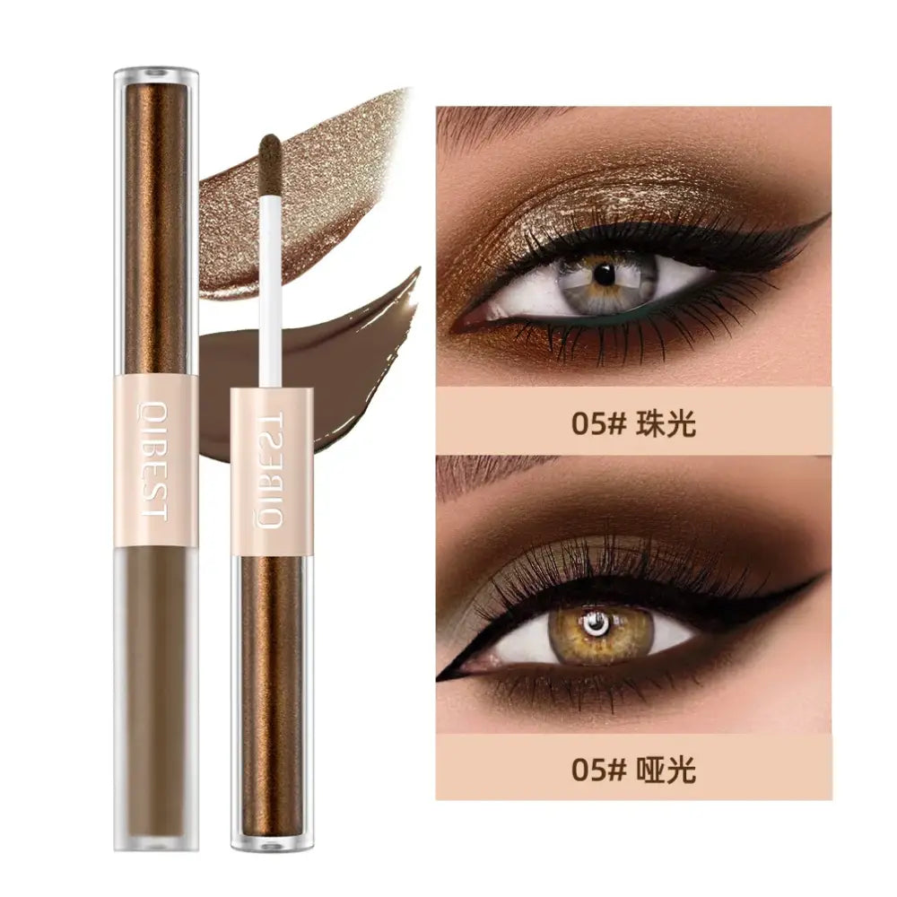 Liquid eyeshadow product with applicator wand and swatches showing shimmery brown shades.