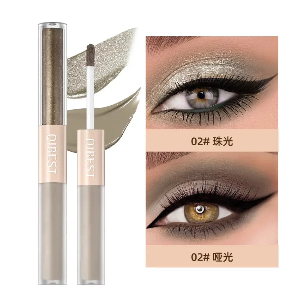 Eyeshadow product with applicator wand and swatches showing different shades and application examples on eyes.