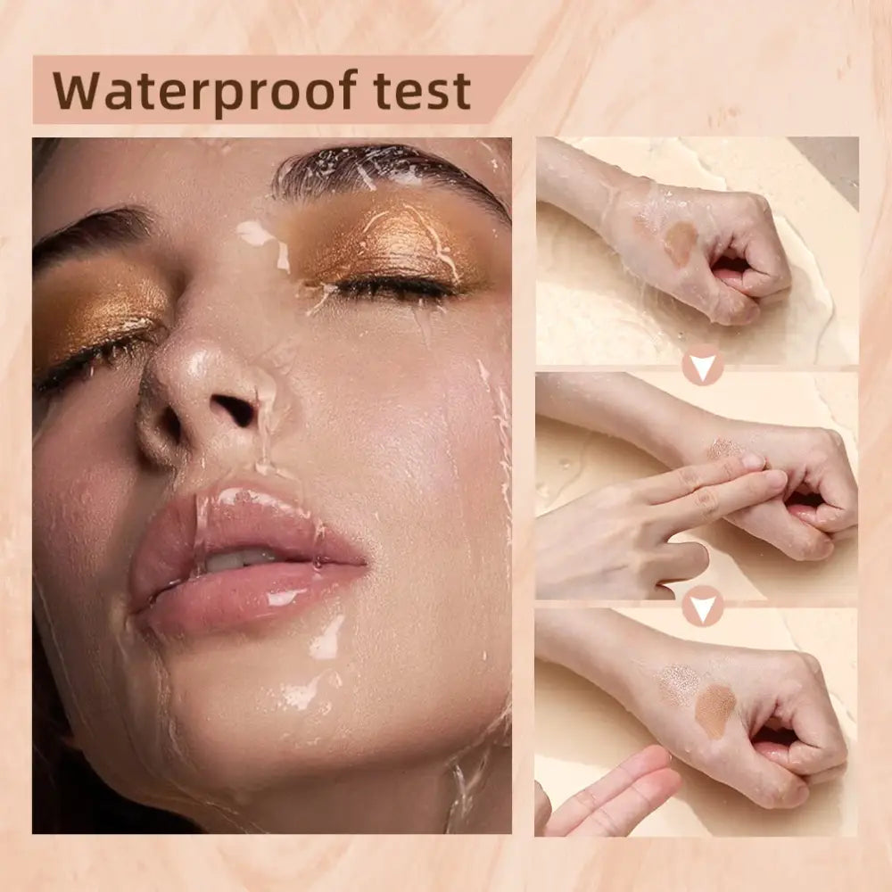 Waterproof makeup test showing a wet face and swatches on skin.