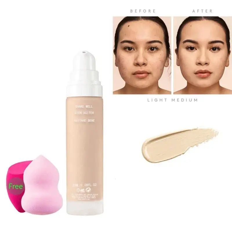 Bottle of light-colored liquid foundation makeup with a pump dispenser.