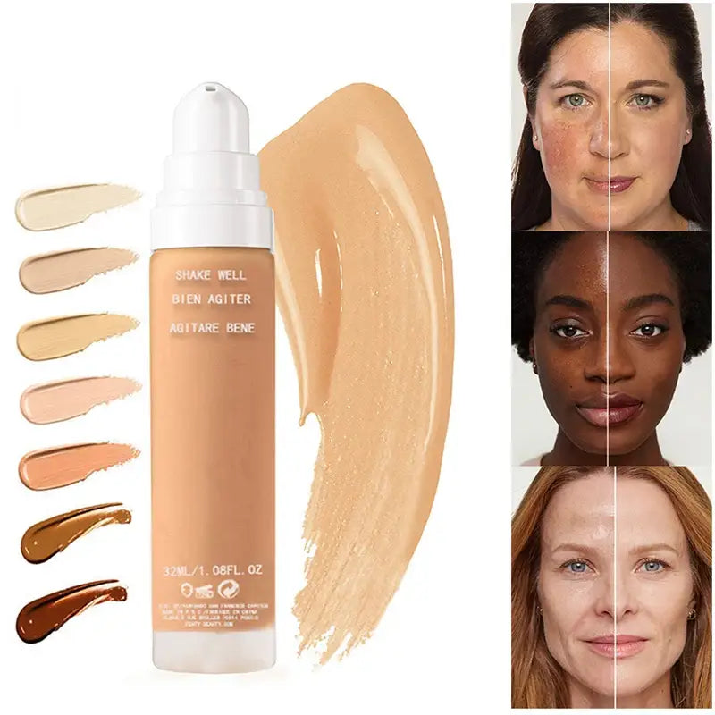 Bottle of liquid foundation makeup with swatches of different shades.