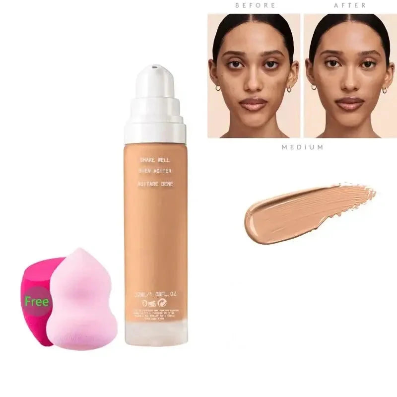 Bottle of liquid foundation makeup in a beige shade.