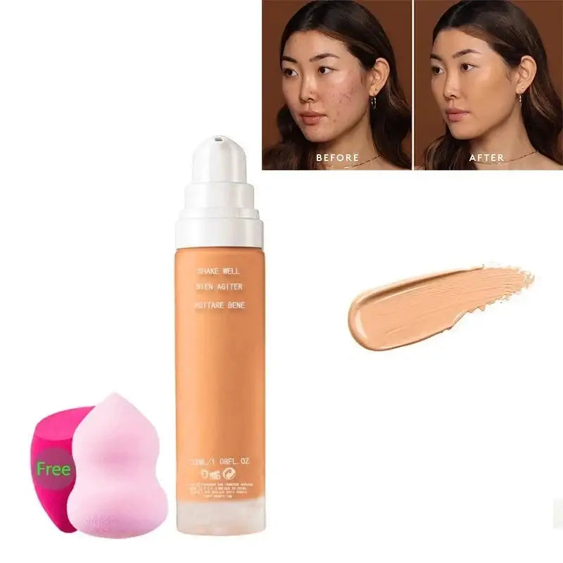 Bottle of liquid foundation makeup with a pump dispenser.