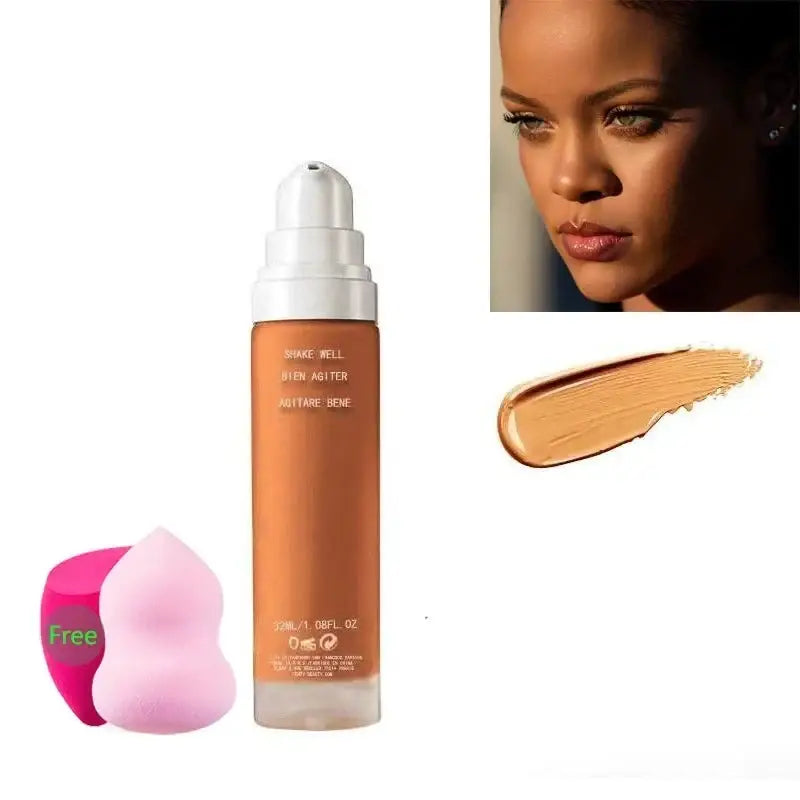 Bottle of liquid foundation makeup with a pump dispenser.