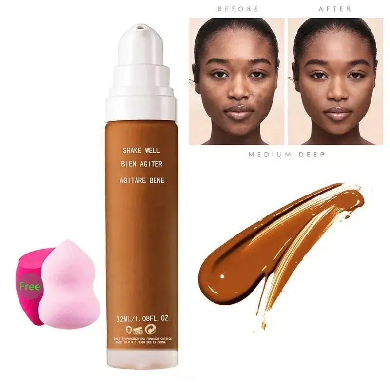 Bottle of foundation makeup labeled ’Shake Well’ in orange-brown liquid.