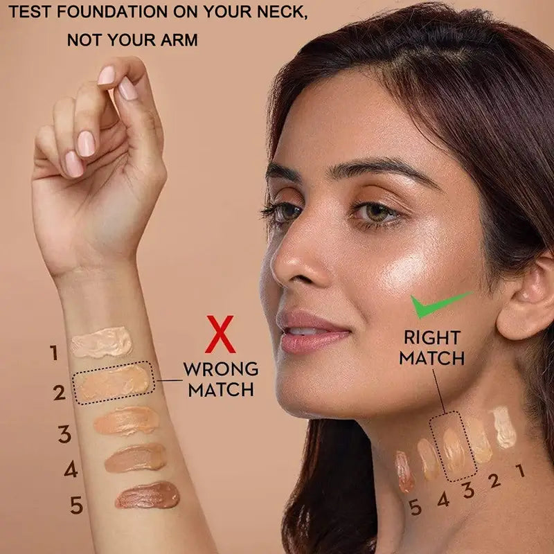 Makeup tutorial showing foundation shade matching on neck versus arm.