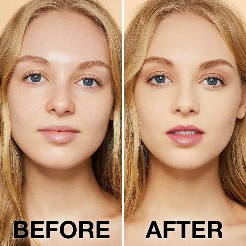 Side-by-side comparison of a woman’s face before and after makeup application.