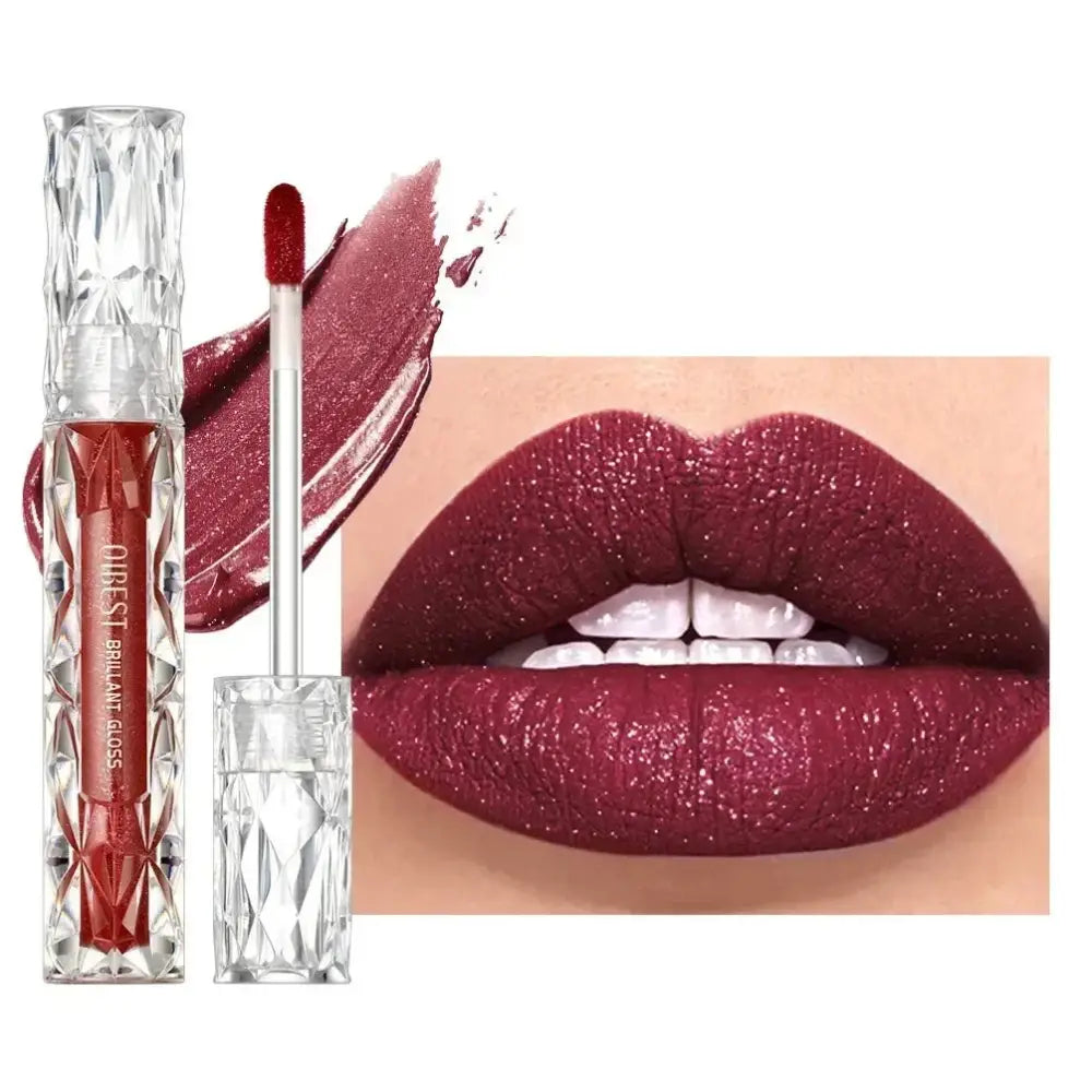 Shimmering burgundy lip gloss with a close-up of glossy lips wearing the product.