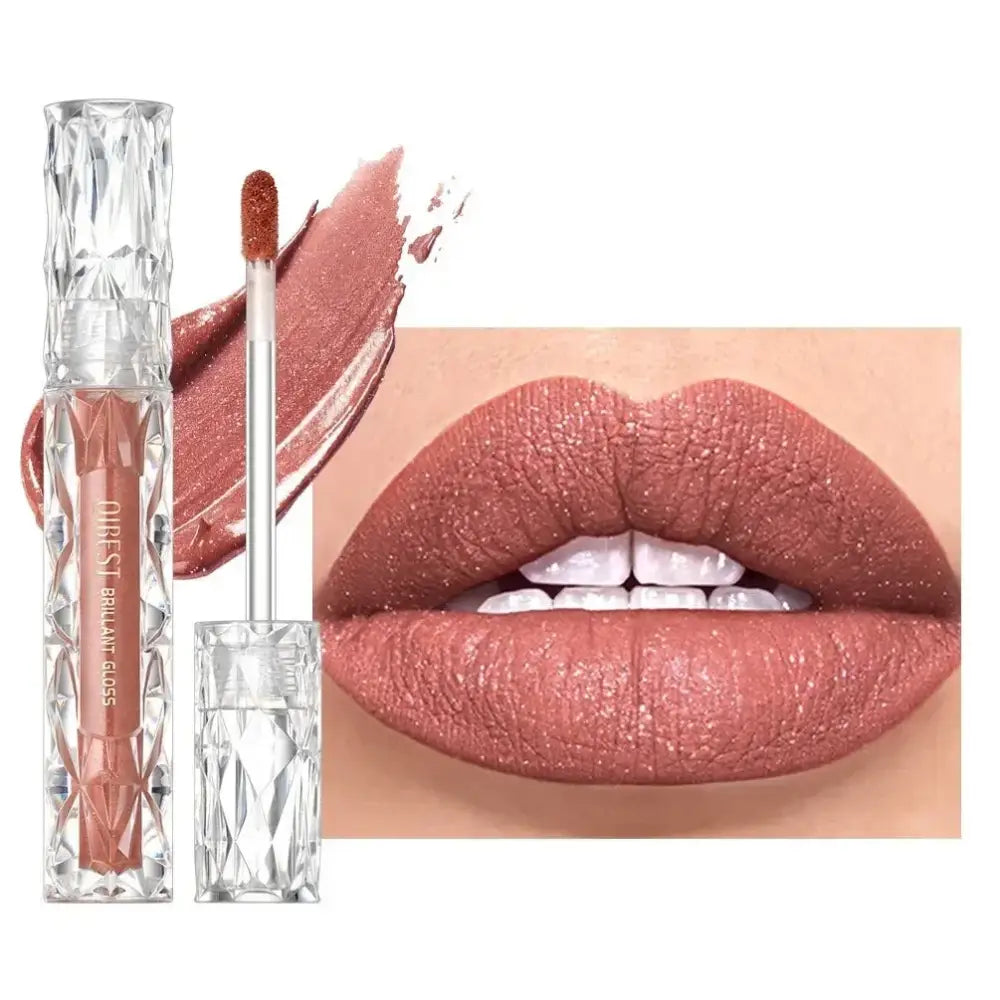 Lip gloss tube next to a close-up of lips wearing a matte nude lipstick.