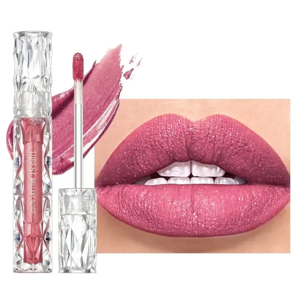 Lips wearing pink lipstick alongside a crystal-like lipgloss tube.