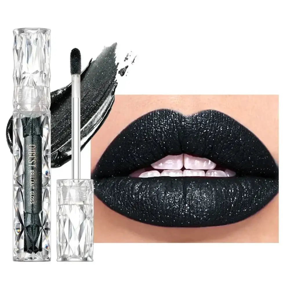 Lips wearing shimmery black lipstick alongside a tube of liquid lipstick.