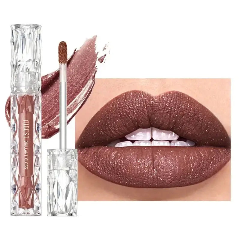 Metallic brown lipstick with a close-up of lips wearing the shade.