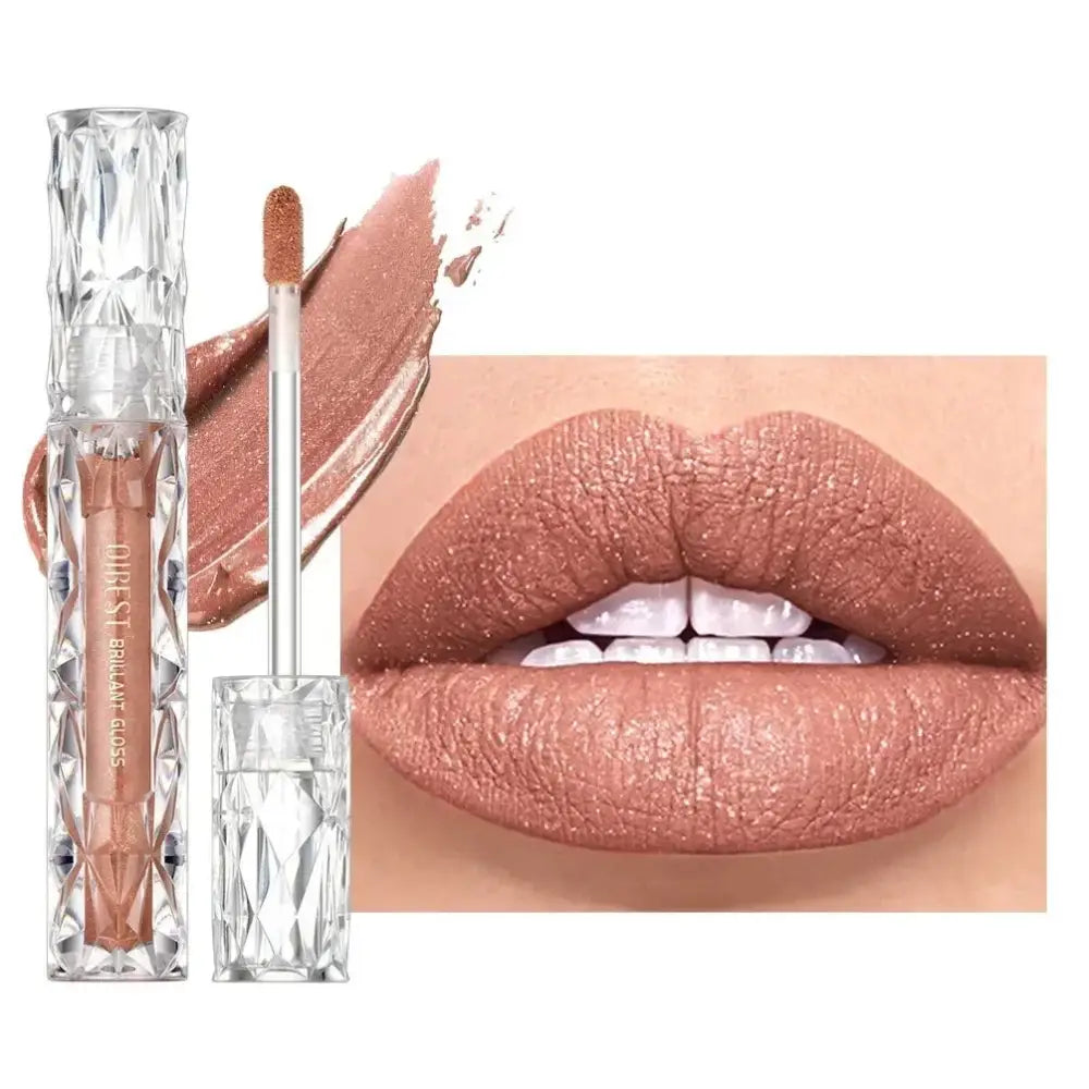 Nude-colored lip gloss in a crystal-like tube alongside a close-up of lips wearing the product.